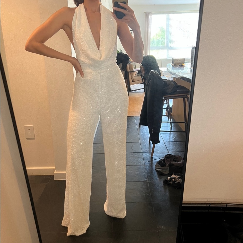 Showpo JULIEN BACKLESS WIDE LEG COWL NECK SEQUIN JUMPSUIT IN WHITE